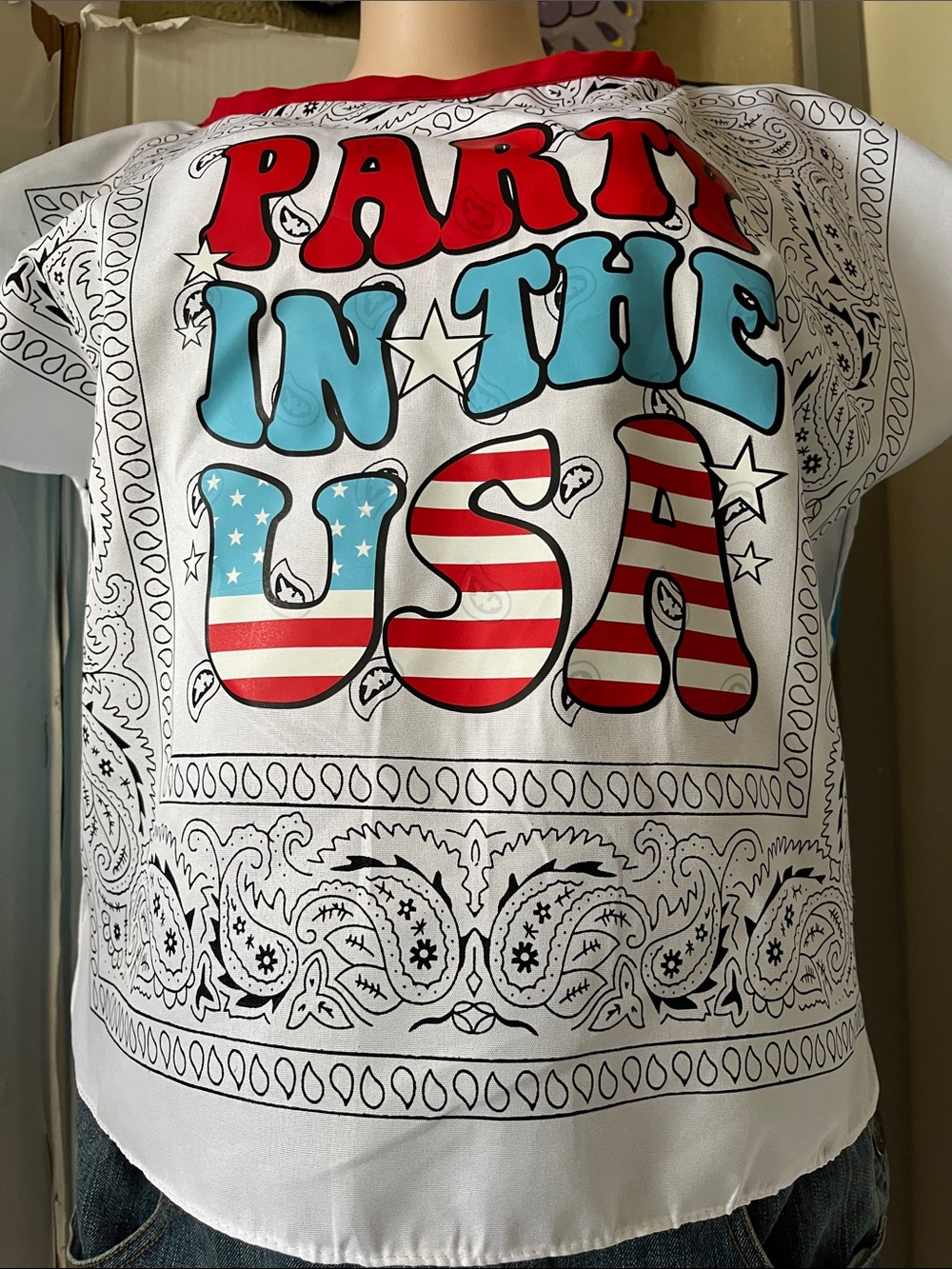 Ladies bandana top with Party in the USA" Graphic Tee - Red, Light Blue, White